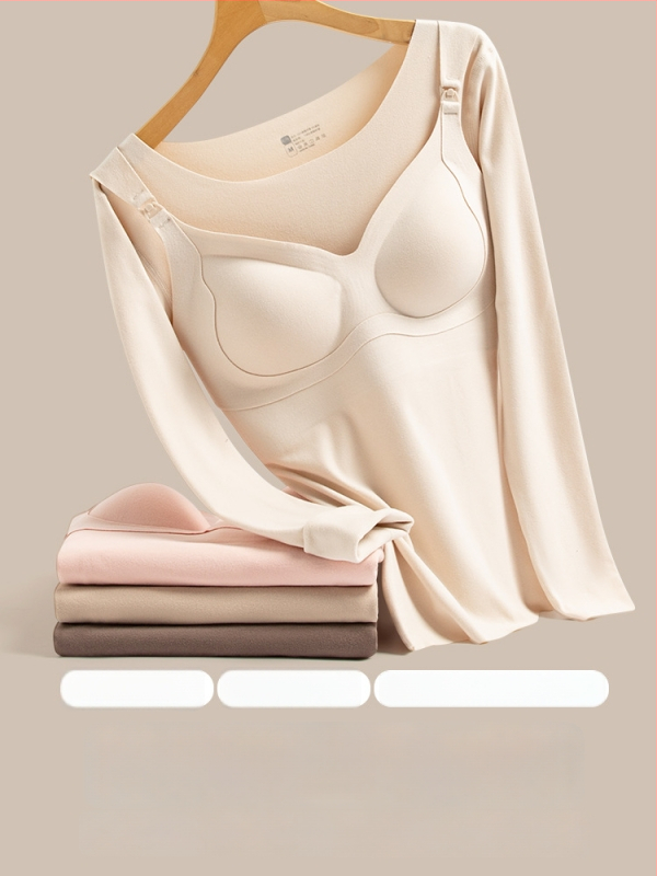 Бременна кърмеща топ база слой с открит достъп за кърмене, есенно-зимна топла дреха, Slim fit, 3/4 ръкави, кръгло деколте, полиестер над 95%