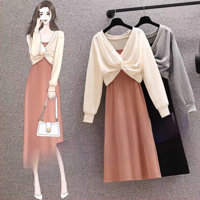 Двучастков комплект за кърмене: рокля със презрамки в стил суитшър, пролетно-есенен модел, ръкави ¾, яка polo.