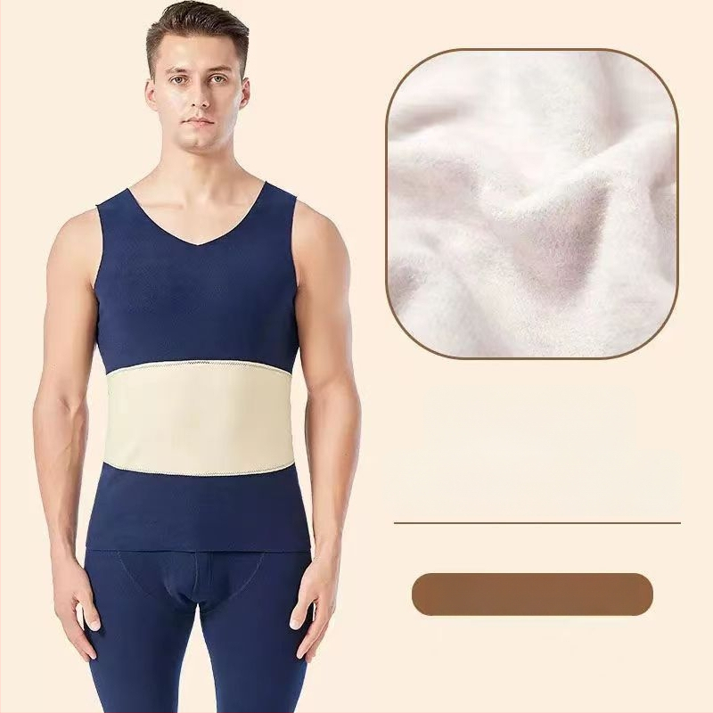 Muška termalna vest s dvostrukim slojem, fleece podstava, poliester, unutrašnji velur, V-izrez, pulover, bez šavova, zaštita struka i leđa