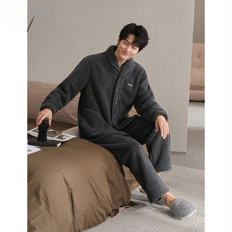 Liyin muški pidžama set od coral fleece, debeli zimski topao komad, s duljim rukavima i dugim hlačama, 100% poliester