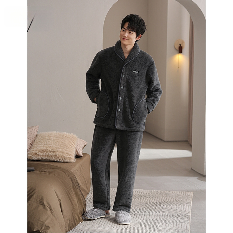 Liyin muški pidžama set od coral fleece, debeli zimski topao komad, s duljim rukavima i dugim hlačama, 100% poliester