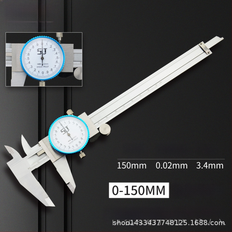 Vernier tolómérő számlappal, kétirányú ütésálló kivitel, 0-150 mm, felbontás 0,01/0,02 mm