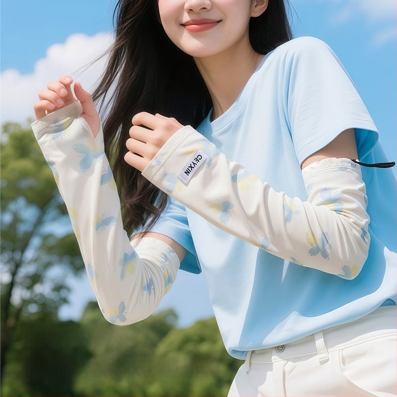 Слънцезащитни ръкави от ice silk — нейлон/спандекс (81–95% ice silk, 11–20% спандекс), сладък стил, лято 2025