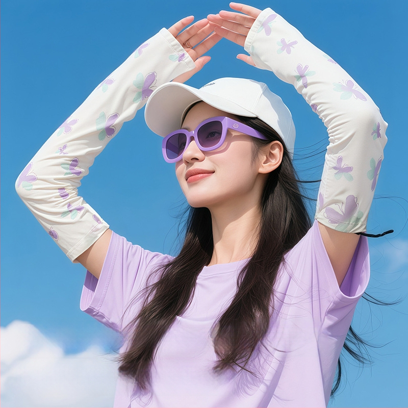 Слънцезащитни ръкави от ice silk — нейлон/спандекс (81–95% ice silk, 11–20% спандекс), сладък стил, лято 2025