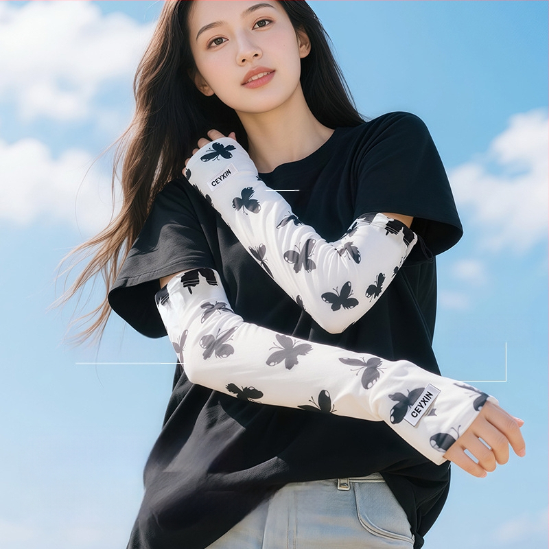 Слънцезащитни ръкави от ice silk — нейлон/спандекс (81–95% ice silk, 11–20% спандекс), сладък стил, лято 2025