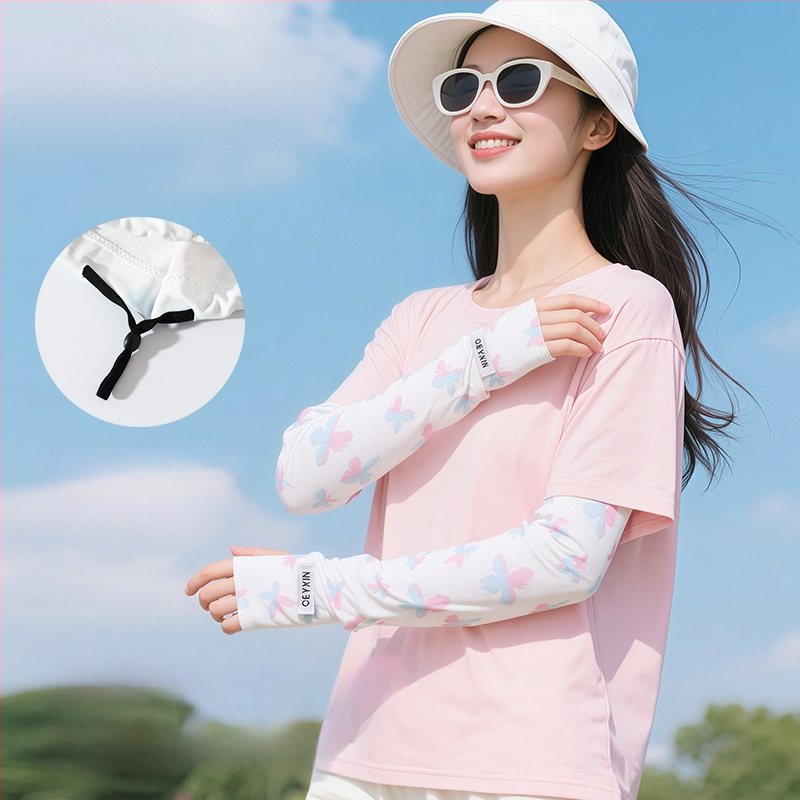 Слънцезащитни ръкави от ice silk — нейлон/спандекс (81–95% ice silk, 11–20% спандекс), сладък стил, лято 2025