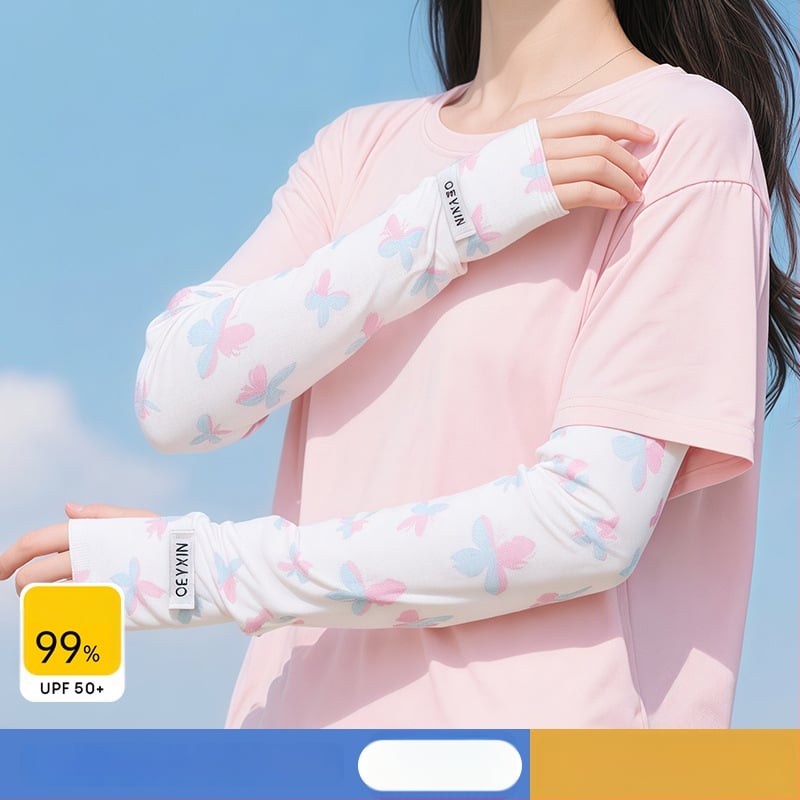 Слънцезащитни ръкави от ice silk — нейлон/спандекс (81–95% ice silk, 11–20% спандекс), сладък стил, лято 2025