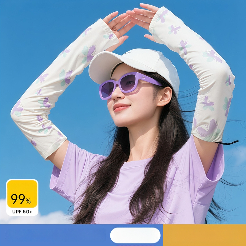 Слънцезащитни ръкави от ice silk — нейлон/спандекс (81–95% ice silk, 11–20% спандекс), сладък стил, лято 2025