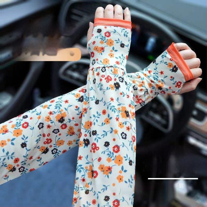 Слънцезащитни ръкави за лято – флорални Ice Silk ръкави, дълги проветриви за шофиране, полиестер Ice Silk, марка: Because of the prosperity, пролет 2025