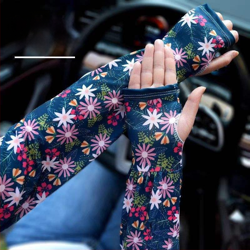Слънцезащитни ръкави за лято – флорални Ice Silk ръкави, дълги проветриви за шофиране, полиестер Ice Silk, марка: Because of the prosperity, пролет 2025