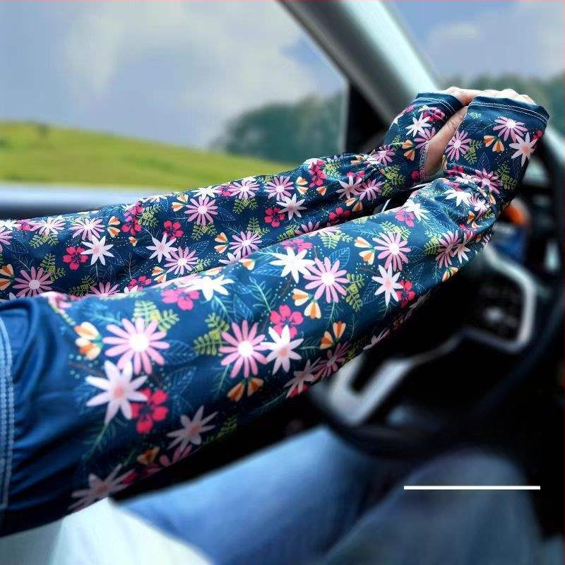 Слънцезащитни ръкави за лято – флорални Ice Silk ръкави, дълги проветриви за шофиране, полиестер Ice Silk, марка: Because of the prosperity, пролет 2025