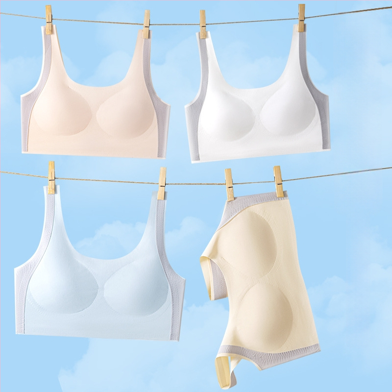 Mergaitėms augimo etapo sportinis liemenėlė be vielos, pilno puodelio, plonas formuojantis putų puodelis, nailono audinys su spandekso pamušalu, fiksuoti dvigubi petukai, kvėpuojantis ir drėgmę sugeriantis