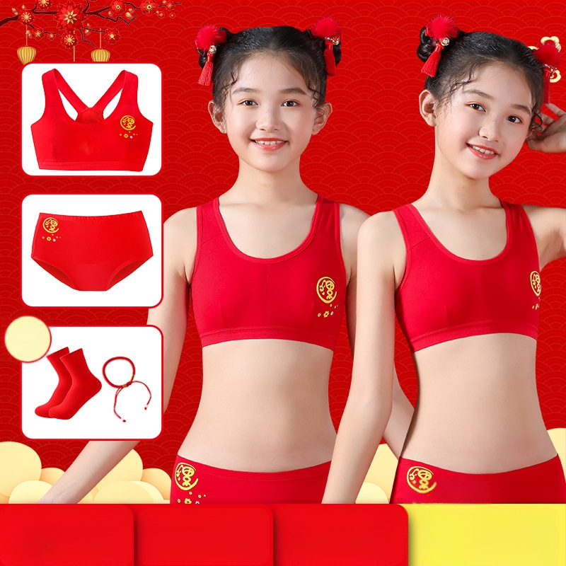 Pamutból készült lányoknak készült melltartó-alsó készlet, karikatúra stílus, 7–12 éveseknek, 90–95% pamut, Y-öv, kupa nélküli
