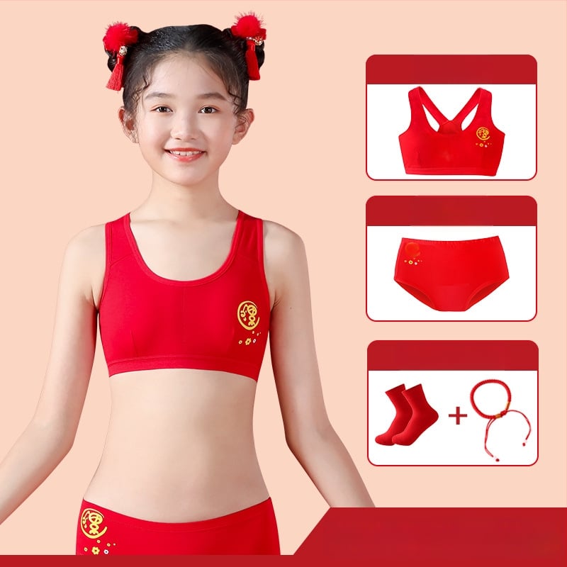 Pamutból készült lányoknak készült melltartó-alsó készlet, karikatúra stílus, 7–12 éveseknek, 90–95% pamut, Y-öv, kupa nélküli