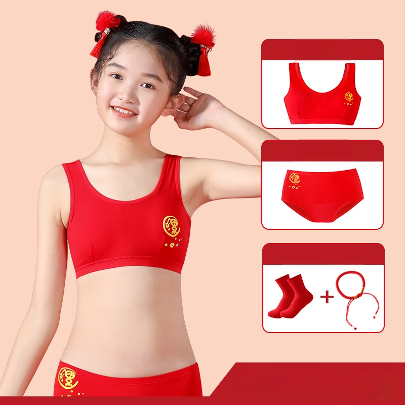 Pamutból készült lányoknak készült melltartó-alsó készlet, karikatúra stílus, 7–12 éveseknek, 90–95% pamut, Y-öv, kupa nélküli