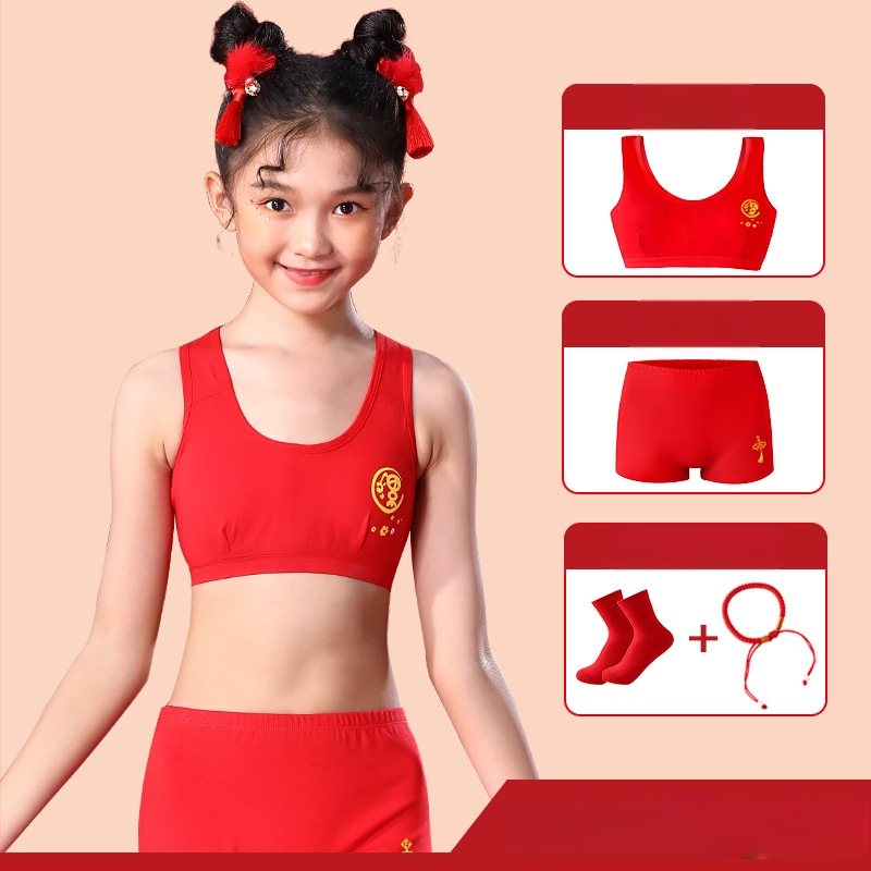 Pamutból készült lányoknak készült melltartó-alsó készlet, karikatúra stílus, 7–12 éveseknek, 90–95% pamut, Y-öv, kupa nélküli