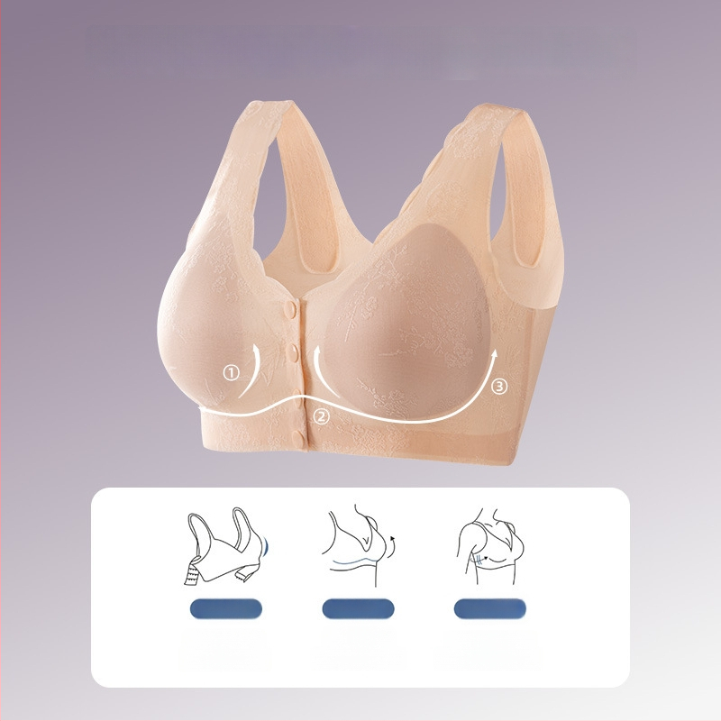 Be siūlių liemenėlių-stiliaus krūštis su priekinė užsegama; nailono audinys; įdėklas viskozė 80–90%; pilnas puodelis; fiksuotos petnešos