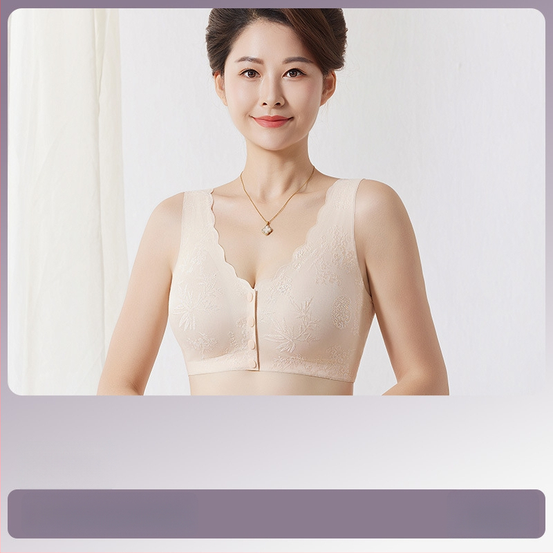 Be siūlių liemenėlių-stiliaus krūštis su priekinė užsegama; nailono audinys; įdėklas viskozė 80–90%; pilnas puodelis; fiksuotos petnešos