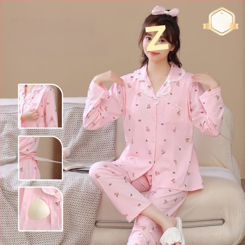 Νυχτικά θηλασμού μετά τον τοκετό, από 100% βαμβάκι, για όλες τις εποχές, με επένδυση στήθους; Ύφανση: Tr fabric; Κύρια ύλη: PVC; Περιεκτικότητα κύριας ύλης: ≤30%; Μακριά μανίκια; Λαιμός τύπου πόλο