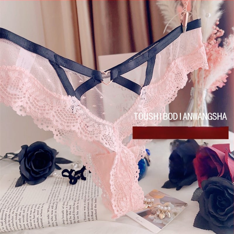 Plus dydžio nėrinių thong su aukšta elastinguma, bangos raštas ir iškirptos dirželiai, permatoma tinkle, žemas juosmuo