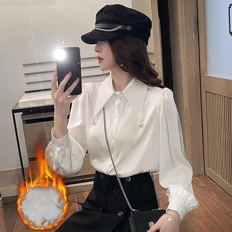 Bijela ženska bluza s flis podstavom, dugi rukavi, jesensko-zimski top u francuskom stilu s jedinstvenim dizajnom, profesionalna i elegantna.