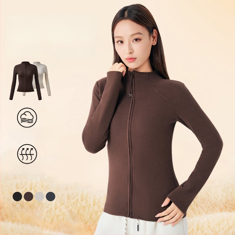 Sieviešu termo jaka ar velūra iekšējo odieru un pusi stāvoša kakla, viskozes audums, 201–250 g/m2, piemērota gan ārējai jakai, gan kā pamatslānis