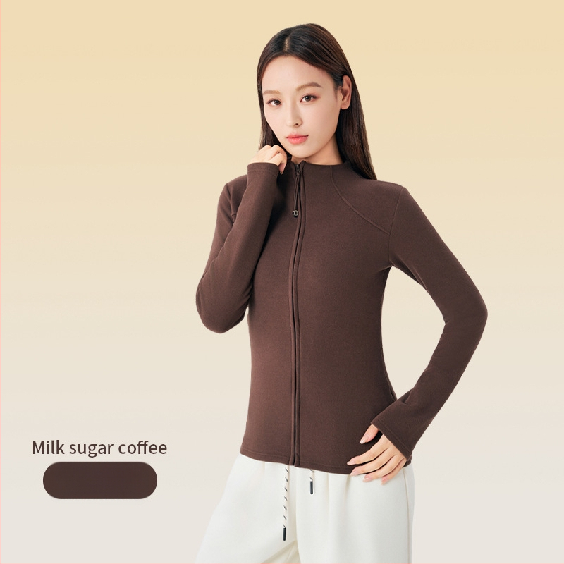 Sieviešu termo jaka ar velūra iekšējo odieru un pusi stāvoša kakla, viskozes audums, 201–250 g/m2, piemērota gan ārējai jakai, gan kā pamatslānis