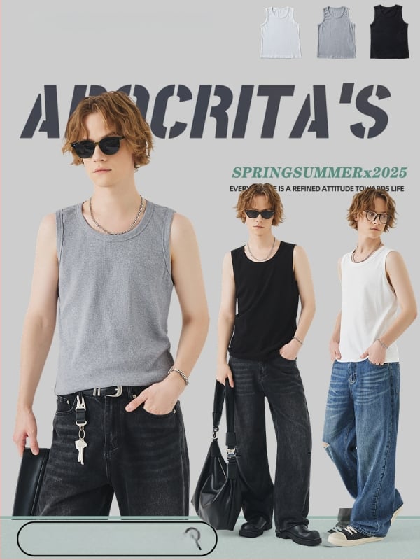 Férfi ujjatlan T-shirt mellény, karcsúsított fazon, minta Solid, anyag: pamutkeverék (96% pamut), Nyár 2025