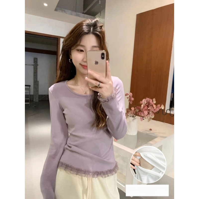 Žindymo marškinėliai su atvartu maitinti, medvilnės mišinio audinys, apvali kaklo linija, ilgos rankovės, rudenį-žiema stilius