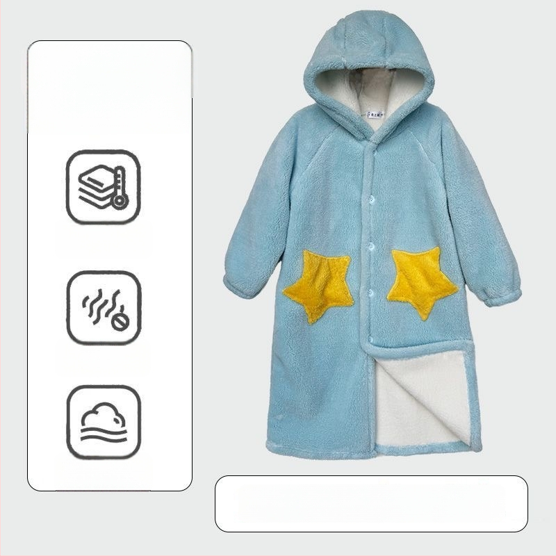 Halat de baie pentru copii, dublu strat, toamnă–iarna, din flanel cu fleece coral, gros, potrivit pentru purtare în exterior, stil dulce