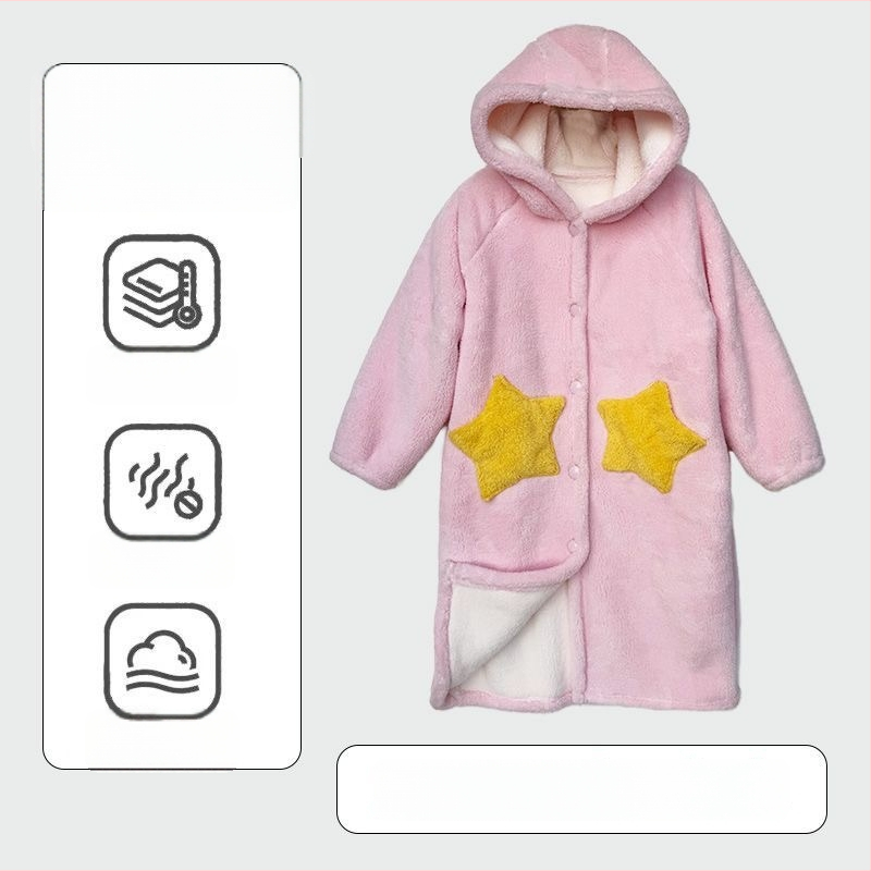 Halat de baie pentru copii, dublu strat, toamnă–iarna, din flanel cu fleece coral, gros, potrivit pentru purtare în exterior, stil dulce