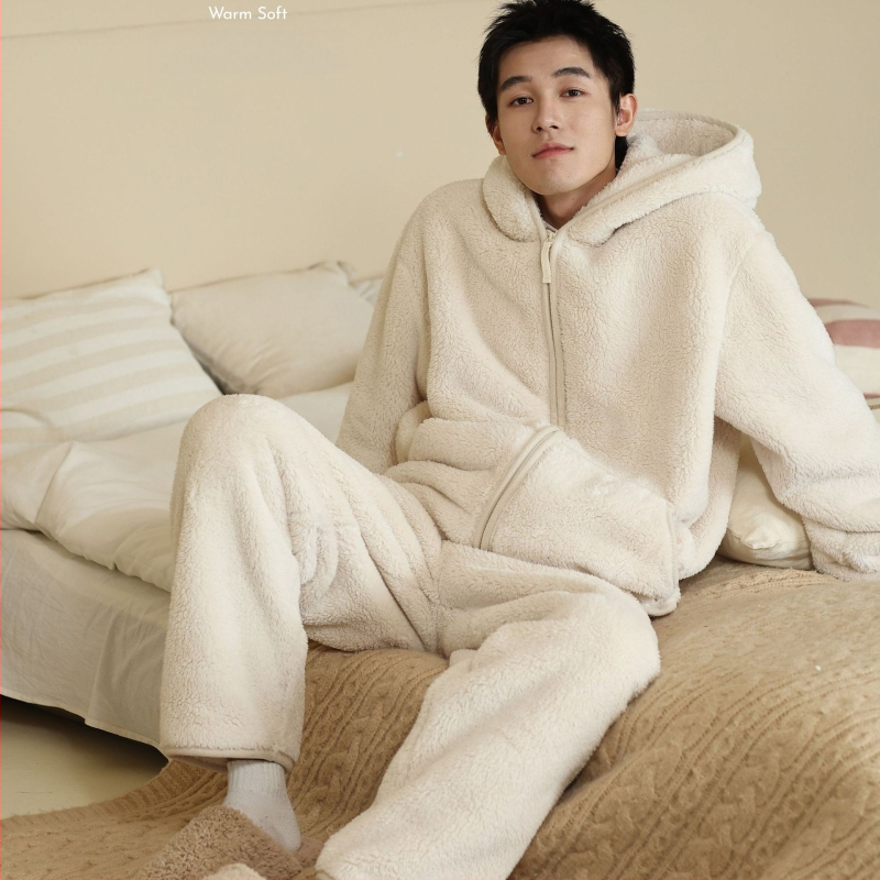 Vīriešu bieza kapucēta velūra pidžama komplekts – kardigāns, minimalistisks un ikdienas stila; V-veida kakla izgriezums, ekstra bieza 401–500 g/m²