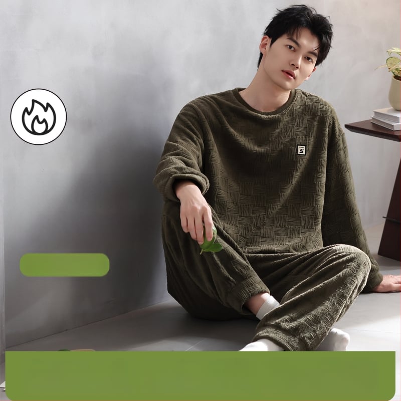 Vīriešu flaneļa pidžamu komplekts, apaļā kakla, garās piedurknes, ekstra bieza 301–350 g/m², 100% poliesters, ērtas mājas apģērbs, der arī ārpus mājas