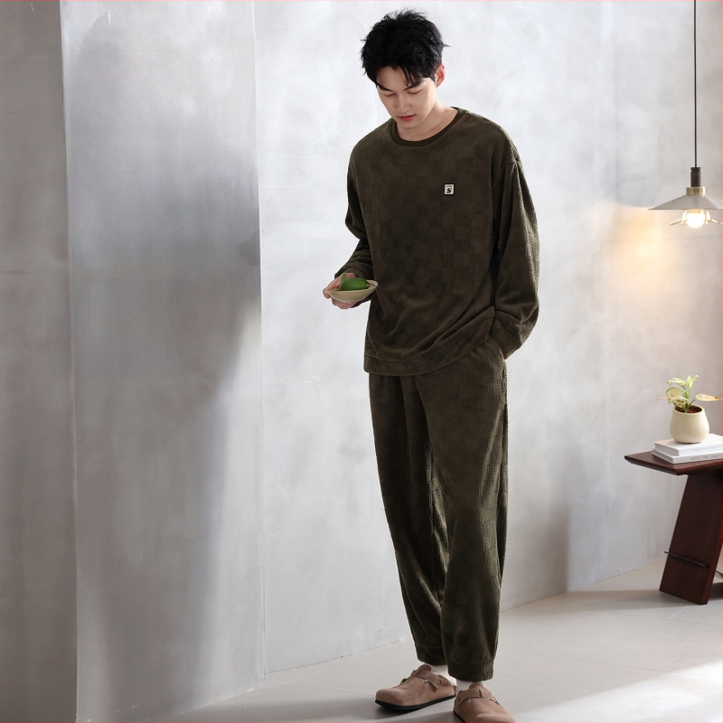 Vīriešu flaneļa pidžamu komplekts, apaļā kakla, garās piedurknes, ekstra bieza 301–350 g/m², 100% poliesters, ērtas mājas apģērbs, der arī ārpus mājas
