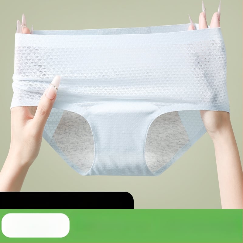 Moterų menstruacijoms skirti apatiniai, pagrindinis audinys nailonas 86%, tarpkojo įdėklas poliesteris 70–80%, vidutinio aukščio juosmuo, atsparus nuotėkiui