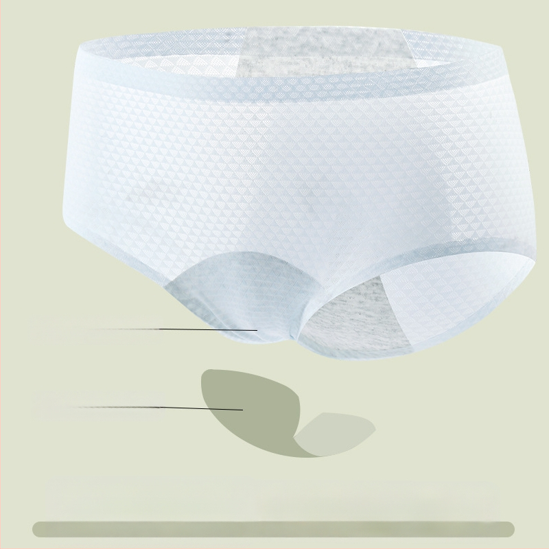 Moterų menstruacijoms skirti apatiniai, pagrindinis audinys nailonas 86%, tarpkojo įdėklas poliesteris 70–80%, vidutinio aukščio juosmuo, atsparus nuotėkiui