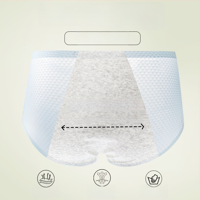 Moterų menstruacijoms skirti apatiniai, pagrindinis audinys nailonas 86%, tarpkojo įdėklas poliesteris 70–80%, vidutinio aukščio juosmuo, atsparus nuotėkiui