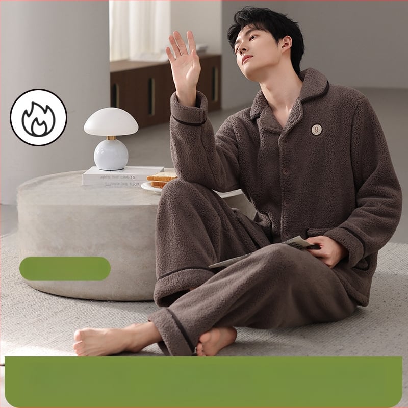 Vīriešu pidžamu komplekts no jēra vilnas, bieza vilna, kardigāna stila ar reveru, garās piedurknes, piemērots ārējai nēsāšanai