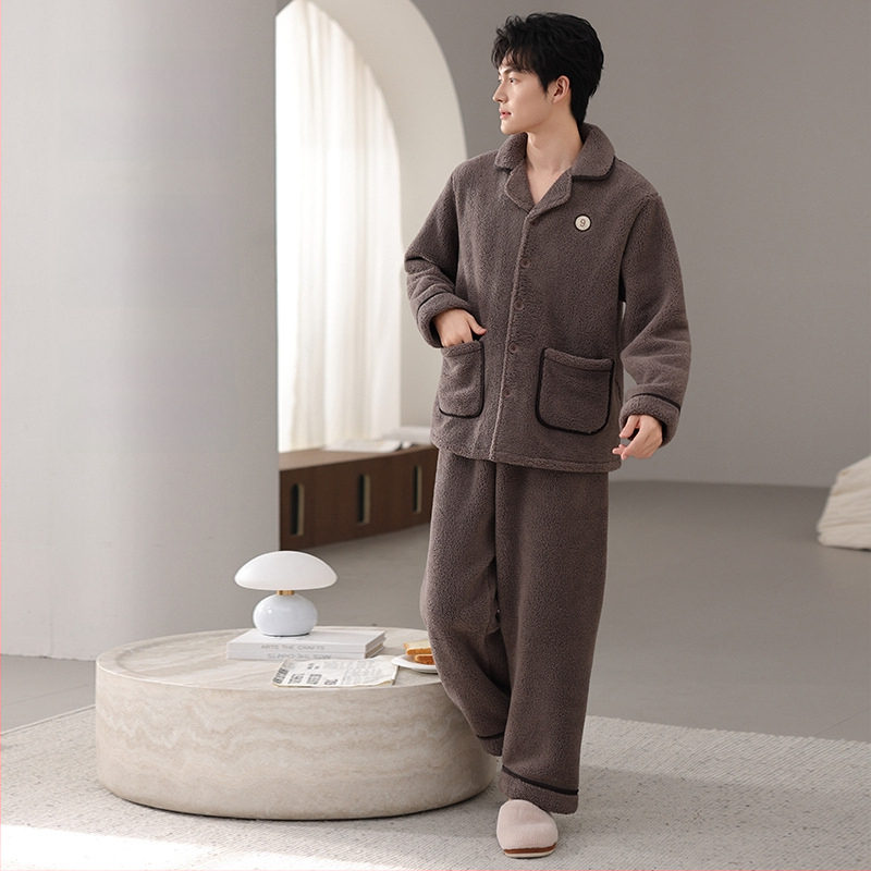 Vīriešu pidžamu komplekts no jēra vilnas, bieza vilna, kardigāna stila ar reveru, garās piedurknes, piemērots ārējai nēsāšanai