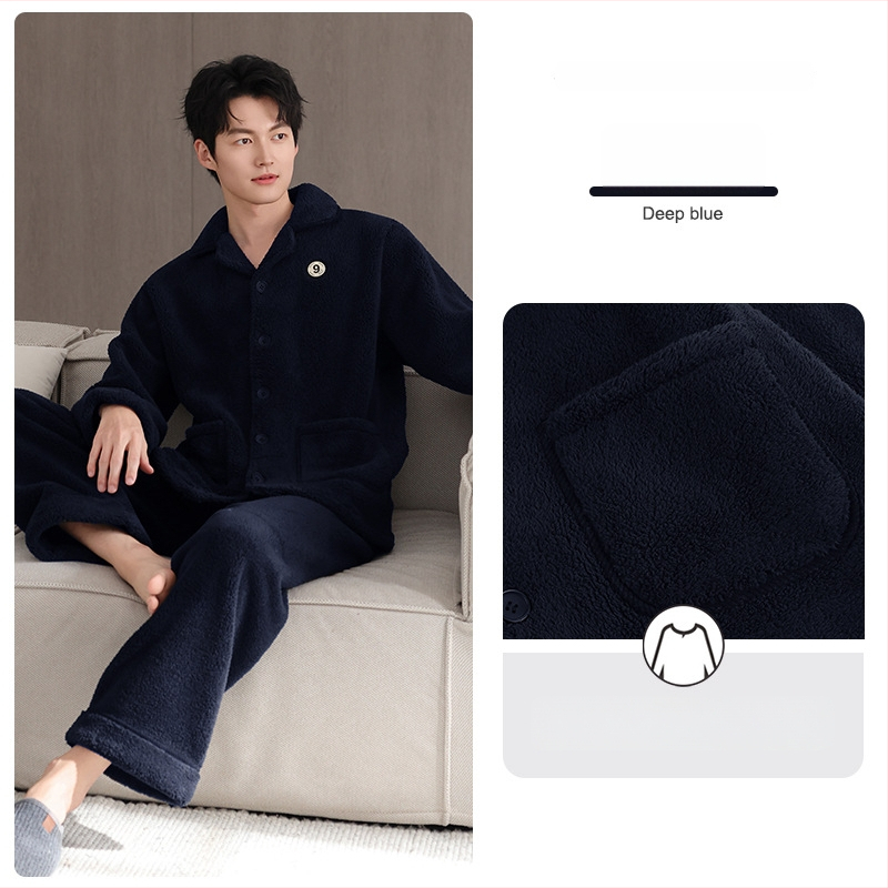 Vīriešu pidžamu komplekts no jēra vilnas, bieza vilna, kardigāna stila ar reveru, garās piedurknes, piemērots ārējai nēsāšanai