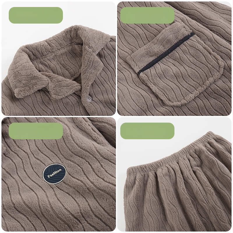 Vīriešu pidžamu komplekts — franču flīss, ekstra biezs, Turn-down apkakle, garas piedurknes, garas bikses