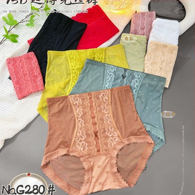 Moteriškos aukšto juosmens kelnaitės su nėrinių jacquard audiniu, nailonas, medvilnės įdėklas, orui pralaidžios, antibakterinės, pilvo kontrolė, sėdmenų kėlimas