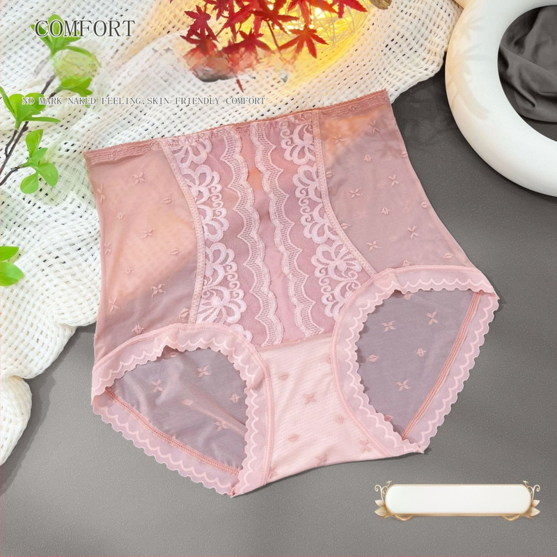 Moteriškos aukšto juosmens kelnaitės su nėrinių jacquard audiniu, nailonas, medvilnės įdėklas, orui pralaidžios, antibakterinės, pilvo kontrolė, sėdmenų kėlimas