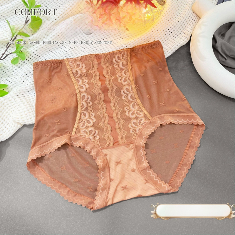 Moteriškos aukšto juosmens kelnaitės su nėrinių jacquard audiniu, nailonas, medvilnės įdėklas, orui pralaidžios, antibakterinės, pilvo kontrolė, sėdmenų kėlimas