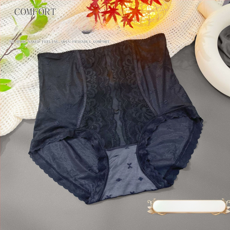 Moteriškos aukšto juosmens kelnaitės su nėrinių jacquard audiniu, nailonas, medvilnės įdėklas, orui pralaidžios, antibakterinės, pilvo kontrolė, sėdmenų kėlimas