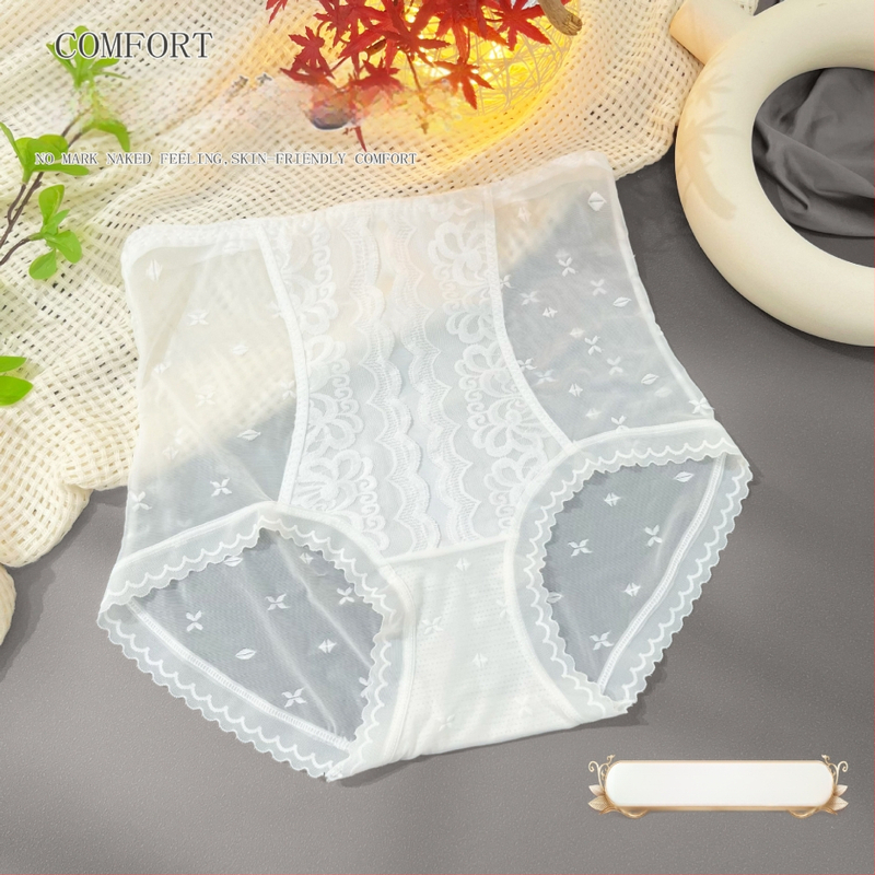 Moteriškos aukšto juosmens kelnaitės su nėrinių jacquard audiniu, nailonas, medvilnės įdėklas, orui pralaidžios, antibakterinės, pilvo kontrolė, sėdmenų kėlimas