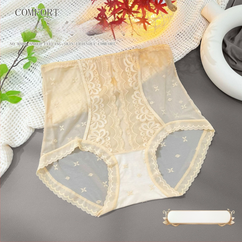 Moteriškos aukšto juosmens kelnaitės su nėrinių jacquard audiniu, nailonas, medvilnės įdėklas, orui pralaidžios, antibakterinės, pilvo kontrolė, sėdmenų kėlimas