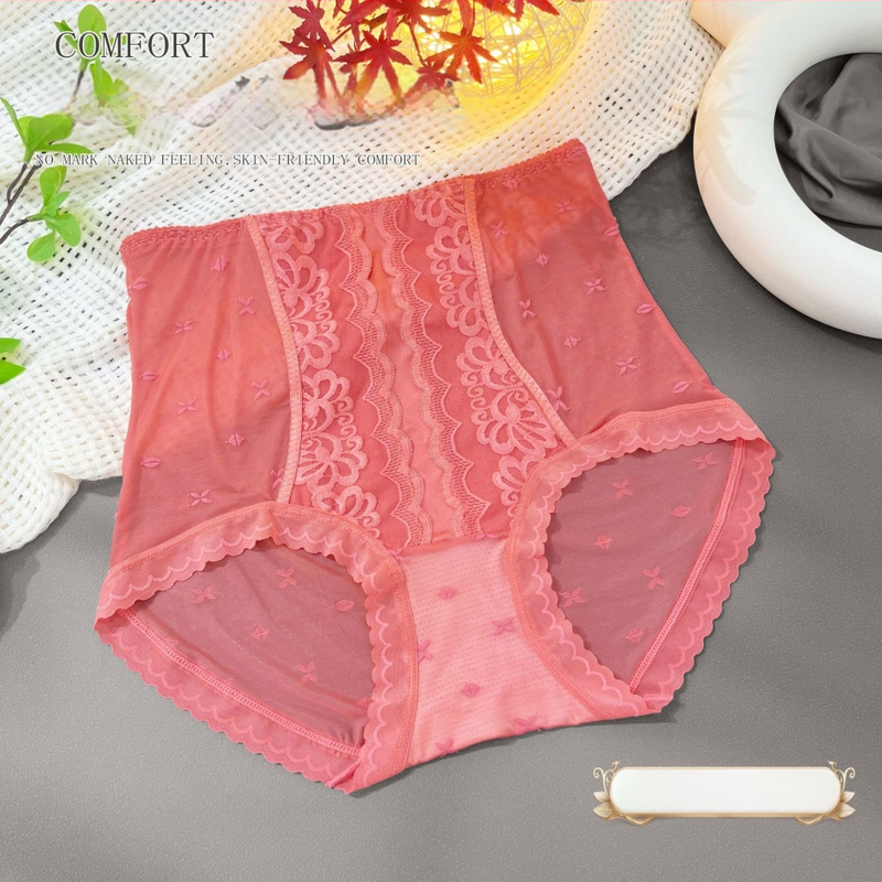 Moteriškos aukšto juosmens kelnaitės su nėrinių jacquard audiniu, nailonas, medvilnės įdėklas, orui pralaidžios, antibakterinės, pilvo kontrolė, sėdmenų kėlimas