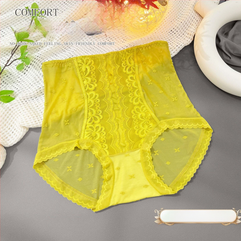 Moteriškos aukšto juosmens kelnaitės su nėrinių jacquard audiniu, nailonas, medvilnės įdėklas, orui pralaidžios, antibakterinės, pilvo kontrolė, sėdmenų kėlimas