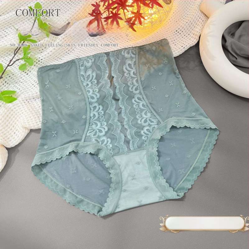 Moteriškos aukšto juosmens kelnaitės su nėrinių jacquard audiniu, nailonas, medvilnės įdėklas, orui pralaidžios, antibakterinės, pilvo kontrolė, sėdmenų kėlimas